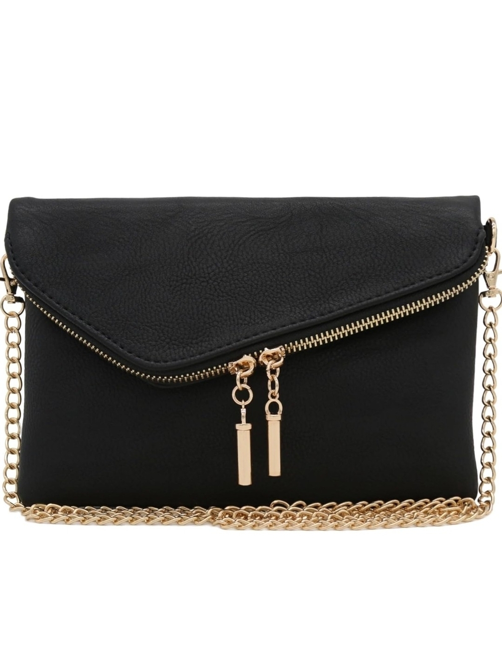 Women's Black Envelope Clutch with Gold Chain